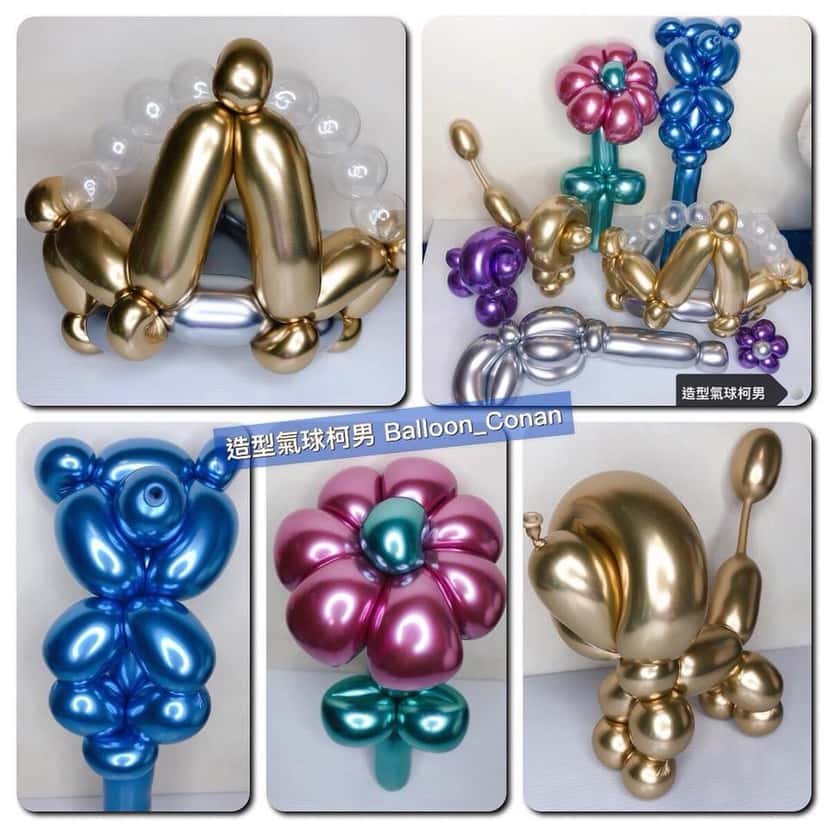 精品服飾提案用的金屬色造型氣球，金色皇冠、藍色小熊、桃紅花朵與金色小狗（2018 年 7 月）