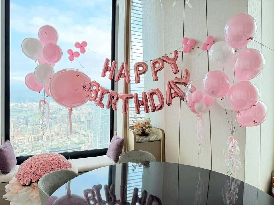 粉色雙層氣球生日佈置｜蝴蝶結波波球與玫瑰金字母氣球