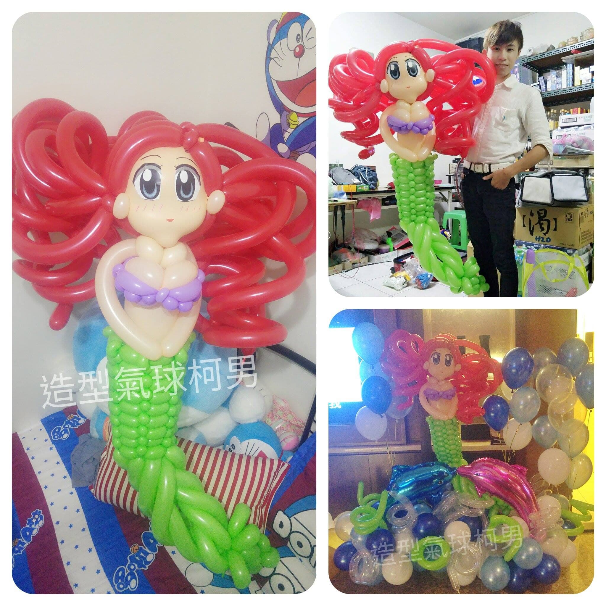 小美人魚大型氣球人偶海洋風求婚佈置，藍色與粉紅海豚鋁箔氣球、藍白氣球束與綠色海草