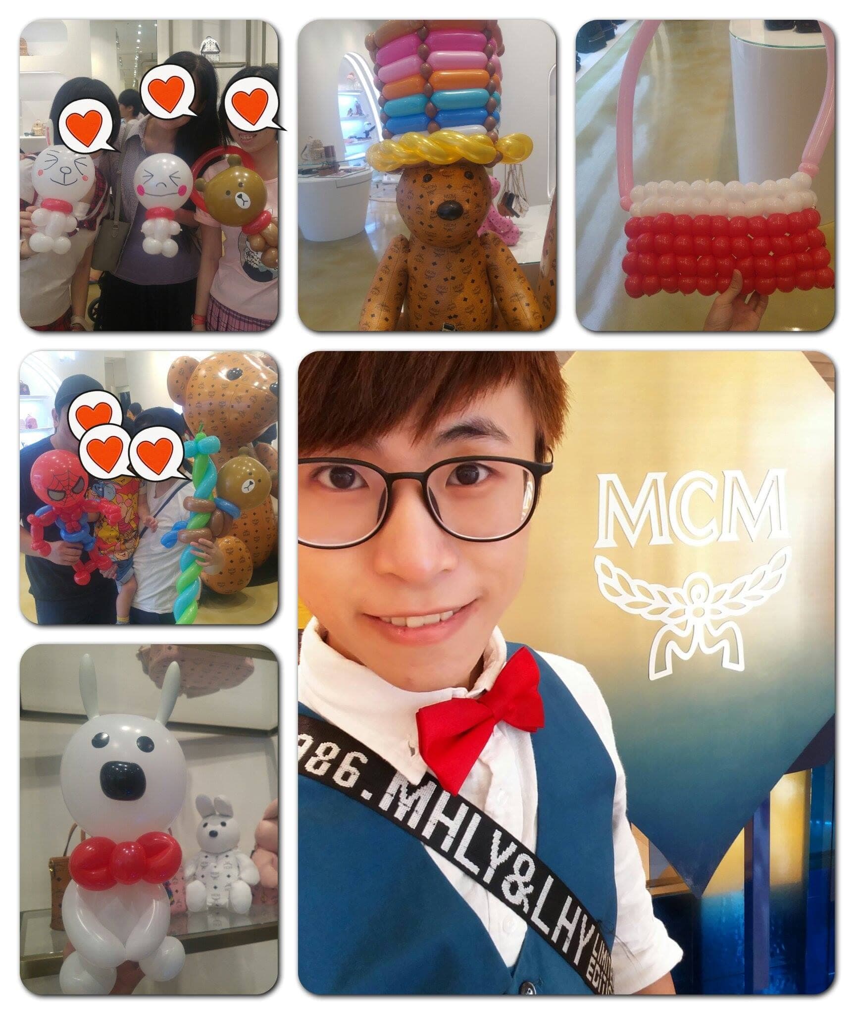 台北 101 MCM 開幕活動，品牌小熊戴著彩色氣球帽，紅白氣球包包與白色兔子氣球，我在 MCM 標誌前自拍