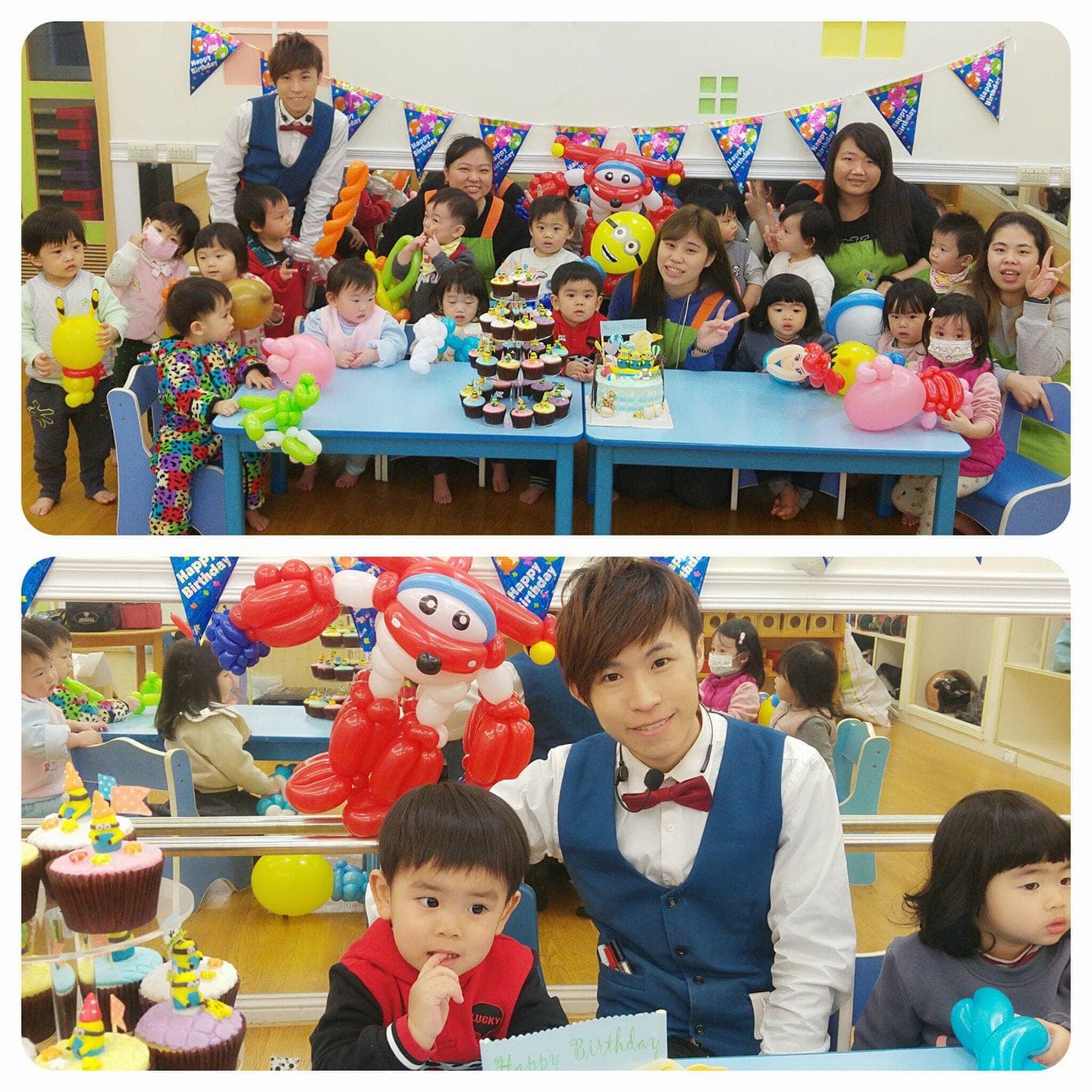 幼兒教室寶寶生日派對，紅白色超級飛俠杰特造型氣球立在桌邊，柯男與 1～2 歲寶寶和老師們合照