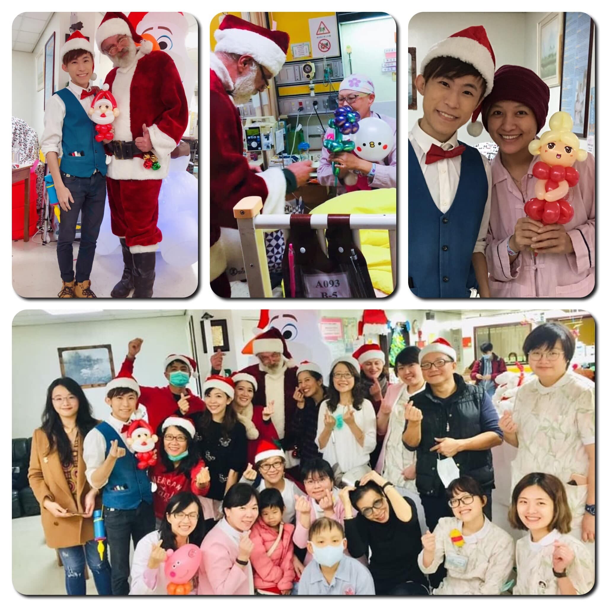 台北榮總聖誕公益活動，柯男抱著聖誕老公公造型氣球，與聖誕老人、護理師和病友合照