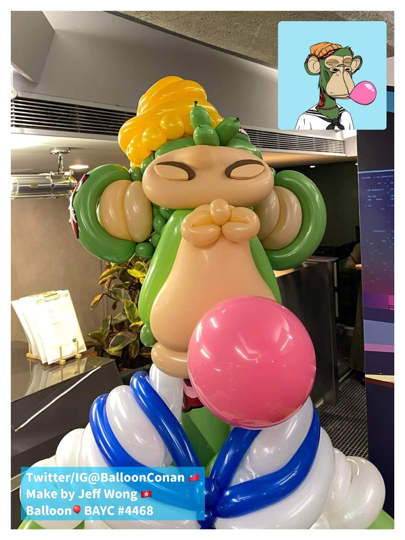 水手服無聊猿氣球的臉部特寫，黃色頭髮、瞇眼表情與粉紅泡泡糖