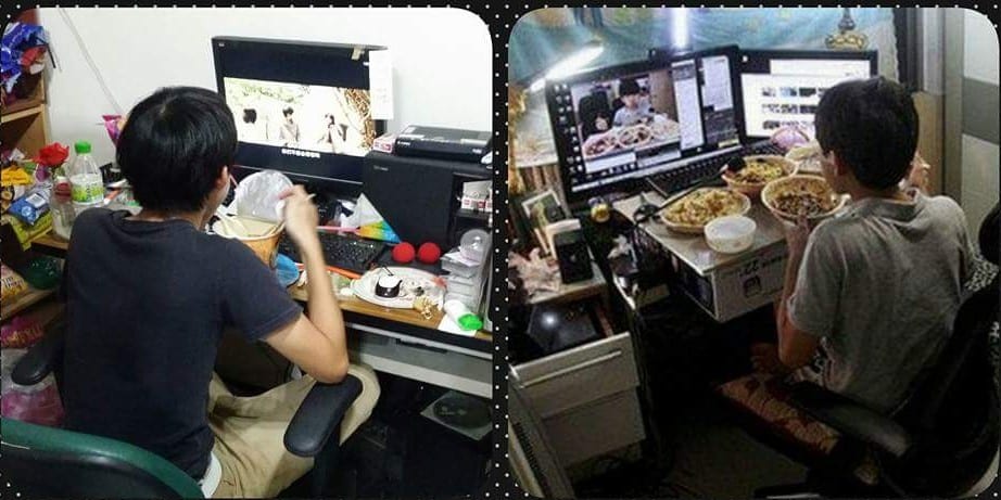 兩張在電腦桌前吃東西的照片