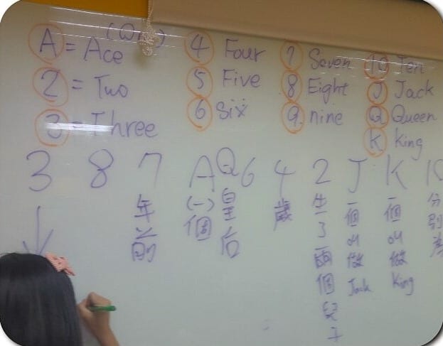 白板上寫著撲克牌 A 到 K 的英文與用點數編成的故事