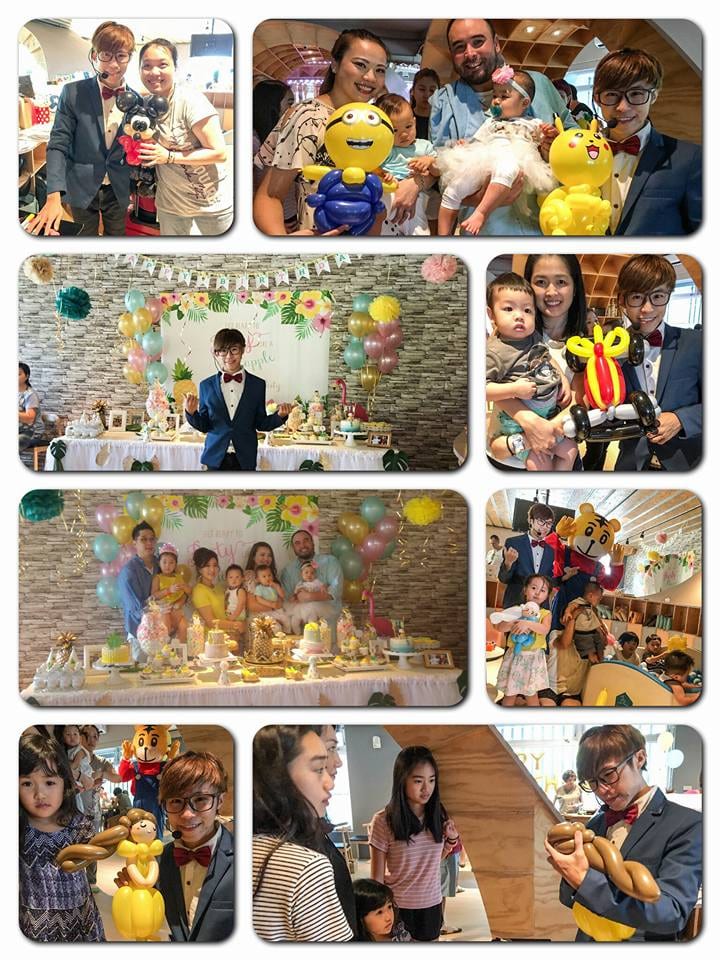 生日派對拼貼，巧虎布偶、甜點桌與拿著小小兵、皮卡丘造型氣球的賓客