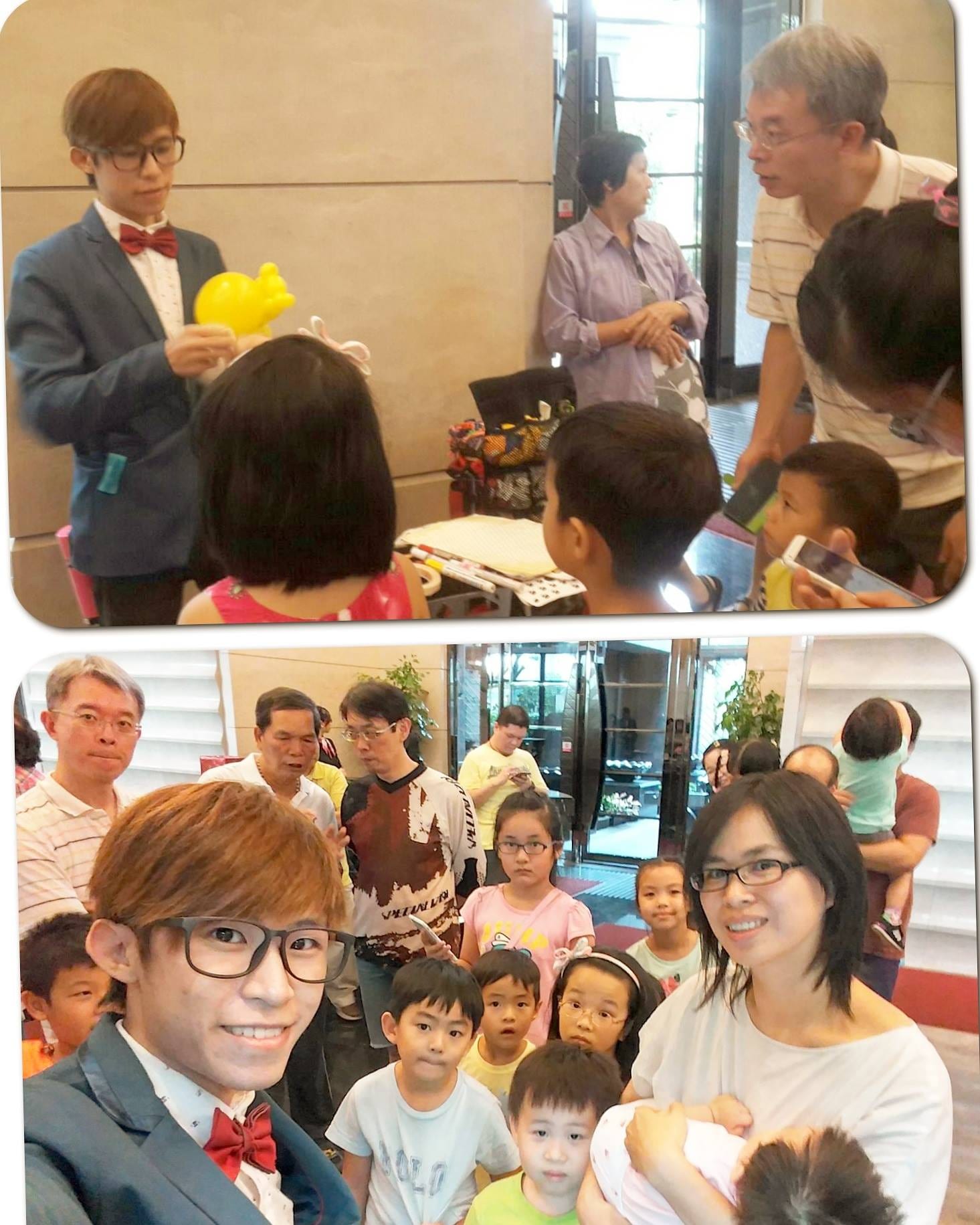 台大緣社區中秋活動，我在社區大廳折黃色氣球，住戶與小朋友圍在旁邊