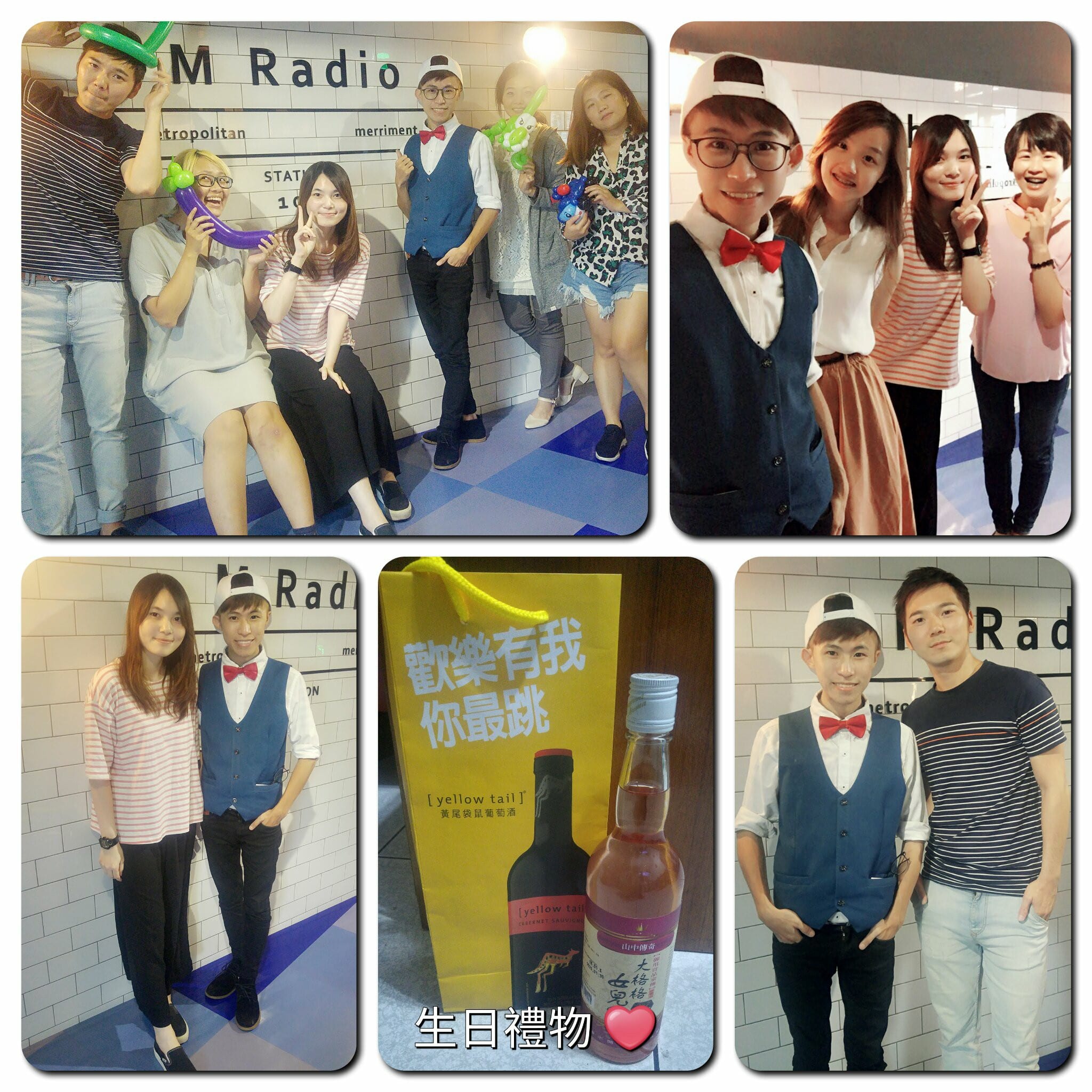全國廣播 M Radio 白磚牆前，柯男和電台夥伴拿著造型氣球合照