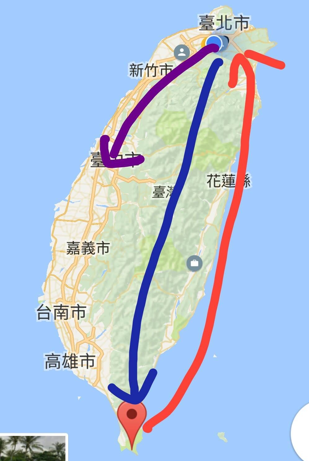 台灣地圖畫出柯男週末行程路線，台北往墾丁、墾丁繞回台北、再從台北到台中