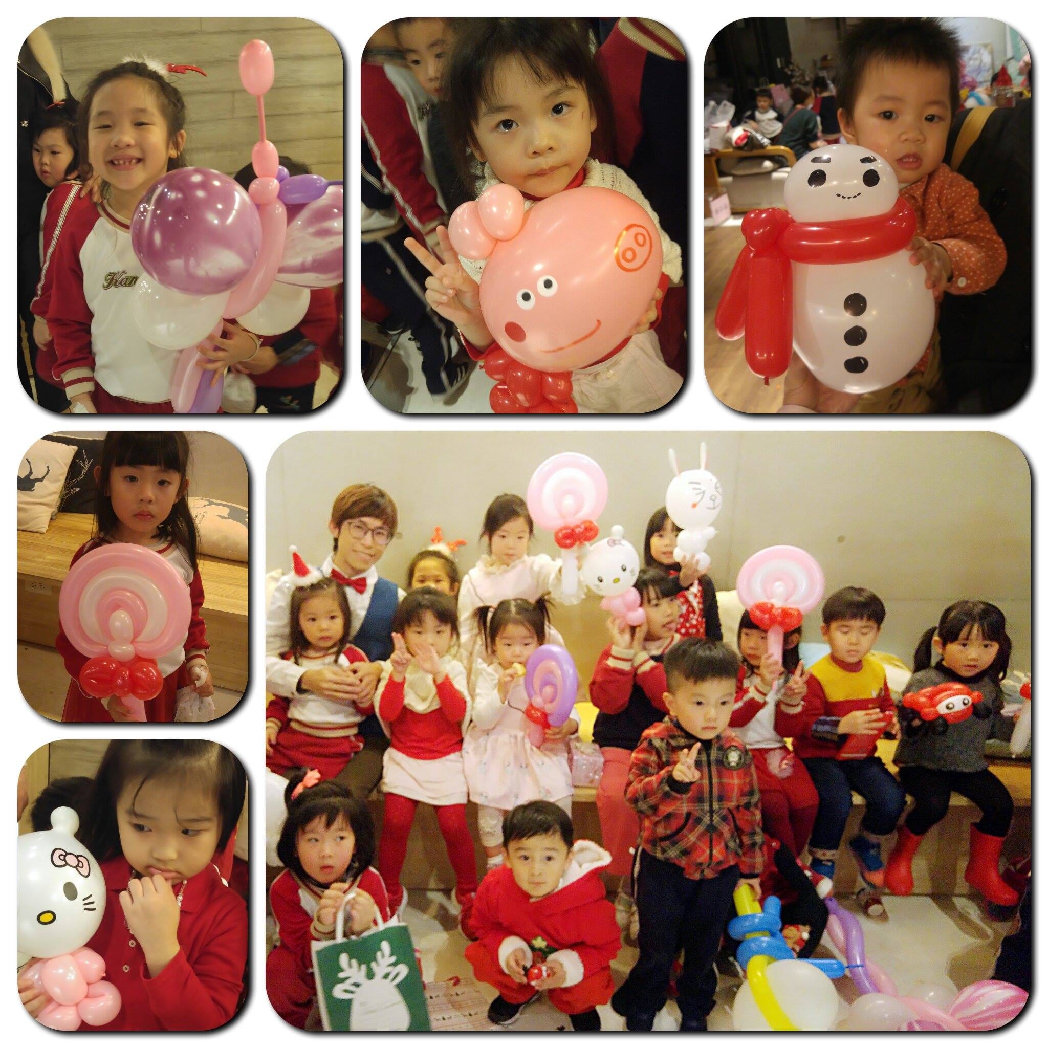聖誕派對小朋友拿著 Hello Kitty、雪人、棒棒糖造型氣球和氣球達人柯男大合照