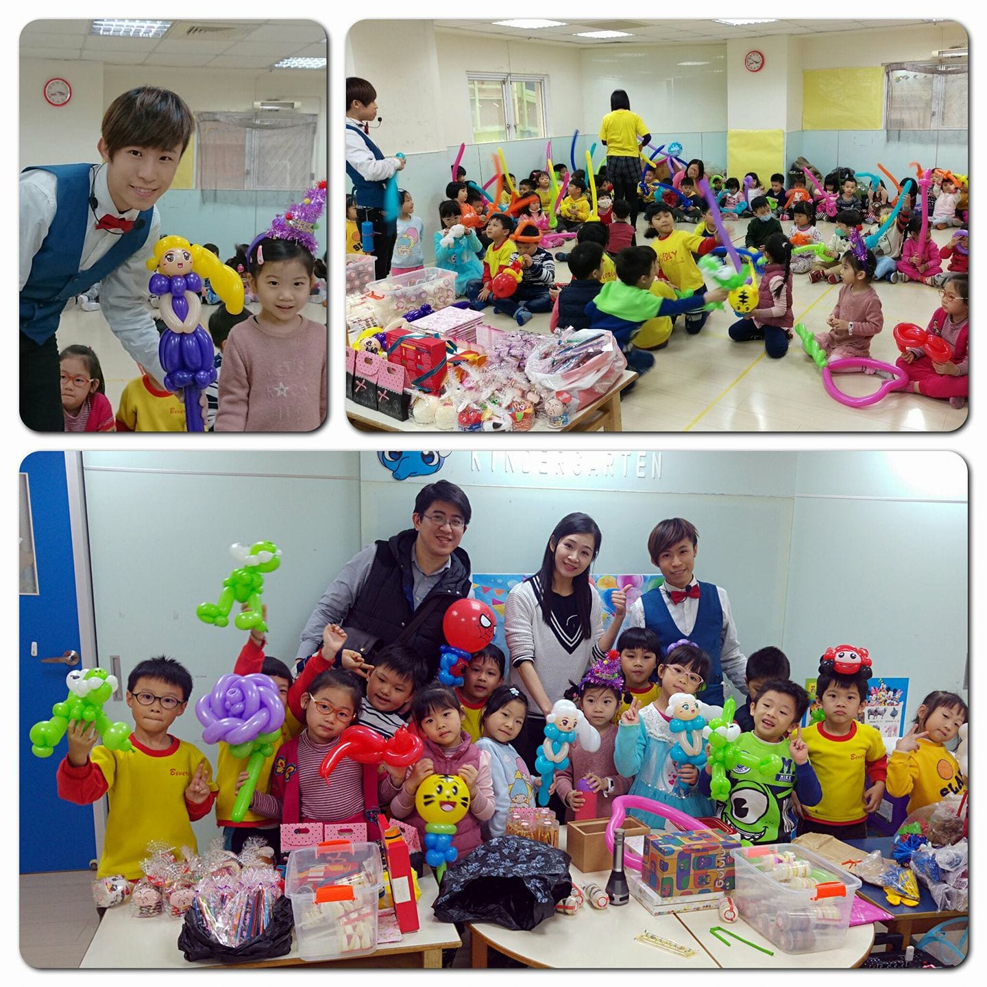 幼兒園全校慶生會，70 多位小朋友坐在地上拿著氣球寶劍，壽星班級拿造型氣球與柯男合照