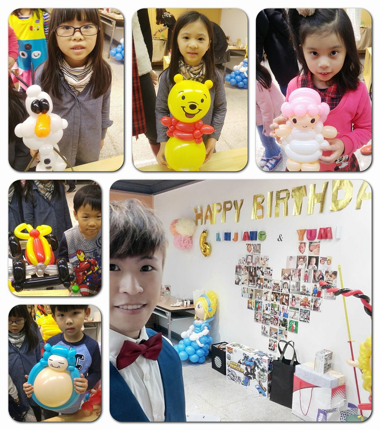 雙壽星 6 歲生日派對,小朋友拿著雪寶、小熊維尼、卡比獸與賽車造型氣球,背景是 HAPPY BIRTHDAY 照片牆