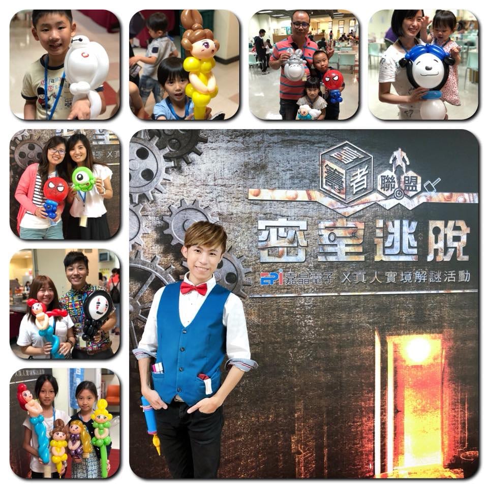 嘉晶電子真人實境解謎活動背板前的柯男，周圍是員工與孩子拿杯麵、貝兒、蜘蛛人、無臉男造型氣球