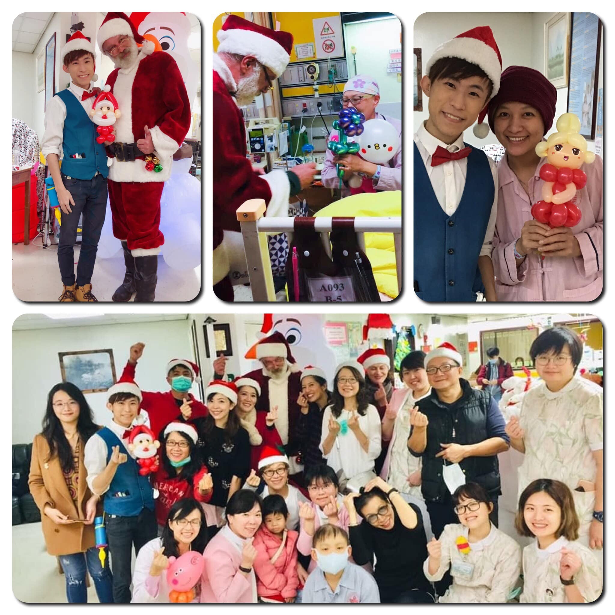 台北榮總聖誕公益活動,柯男抱著聖誕老公公造型氣球,與聖誕老人、護理師和病友合照