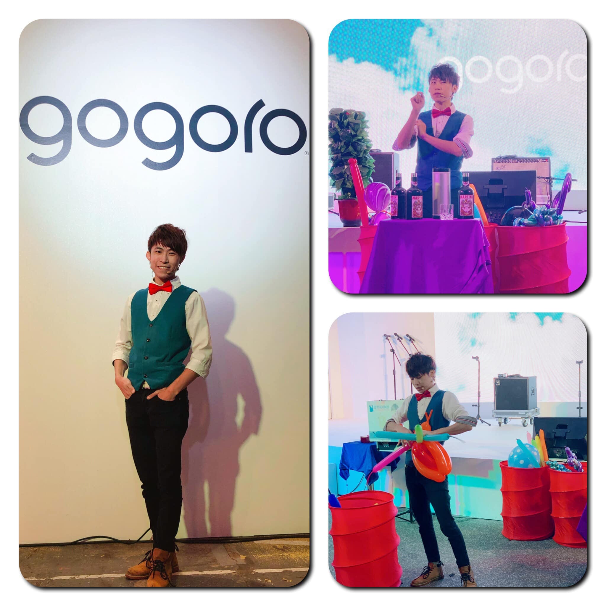 台北圓山花博 Gogoro 3 新車發表會，柯男在 gogoro 背板前合照與舞台魔術、折氣球演出