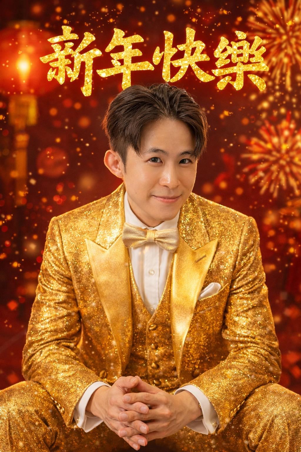 我穿金色亮片西裝、打金色領結，坐在新年快樂的紅色背景前