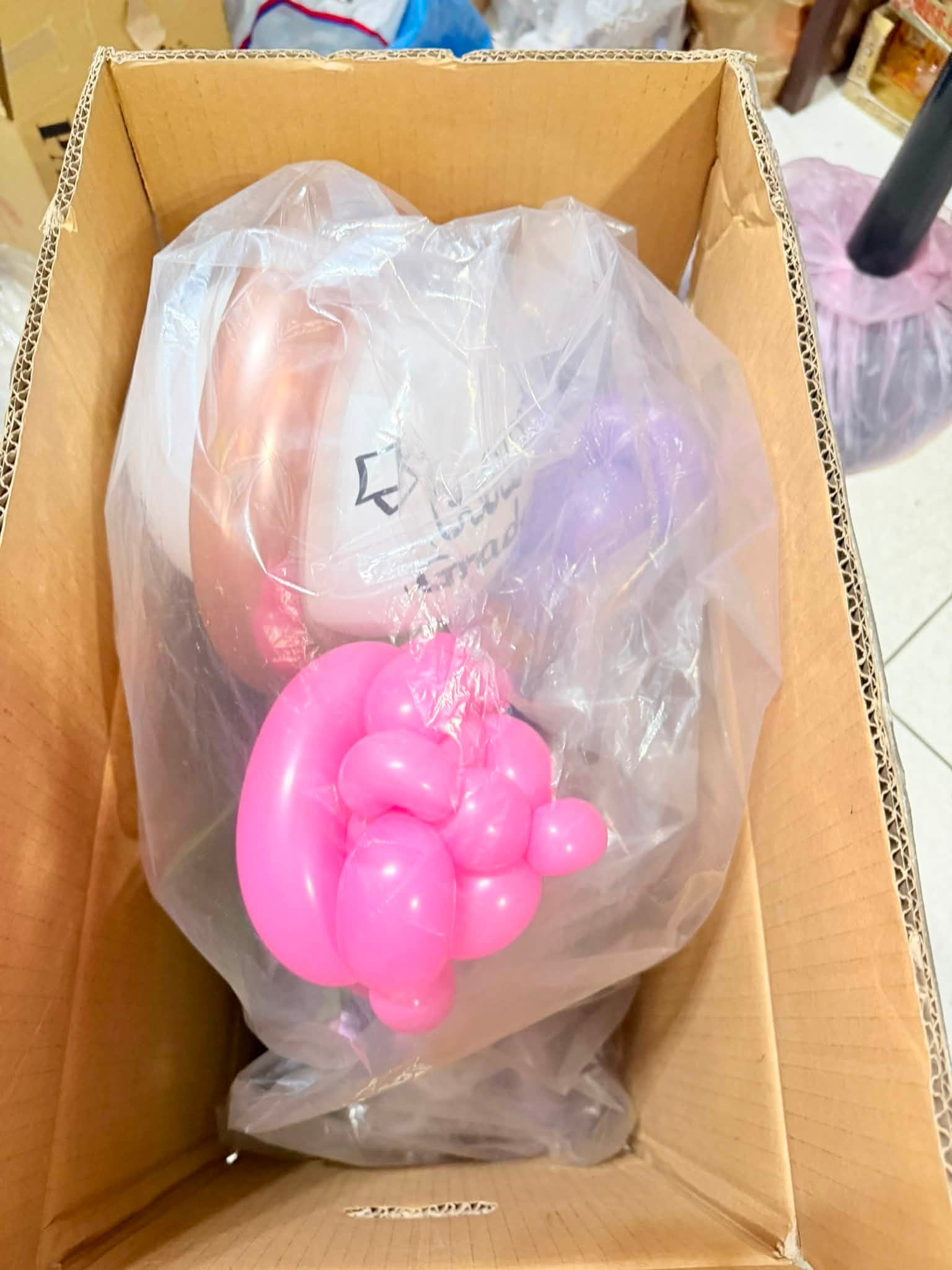 獵魔女團氣球花束套上透明塑膠袋,平放在紙箱內,隱約可見粉紅色頭髮造型