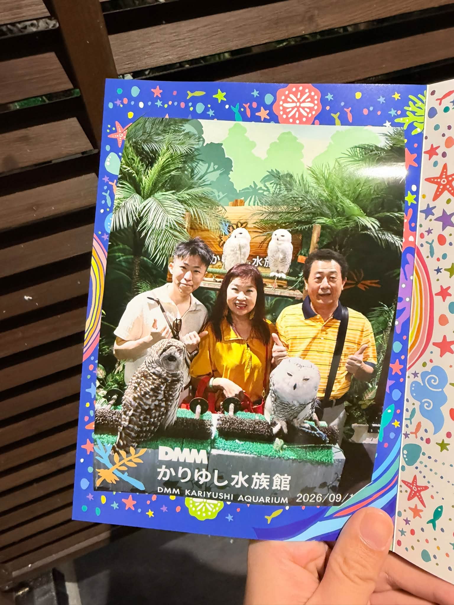 水族館紀念照卡，我和爸媽與貓頭鷹合影