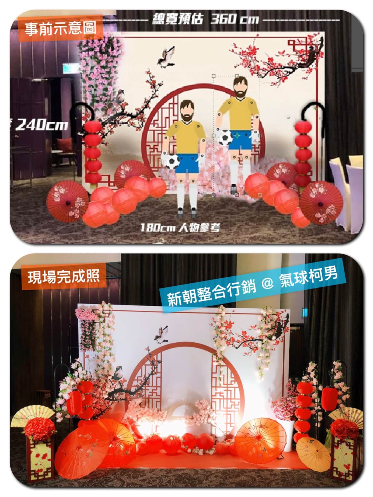 佳生尾牙圓窗拍照區，示意圖與完成照對照，梅花、紅燈籠與油紙傘